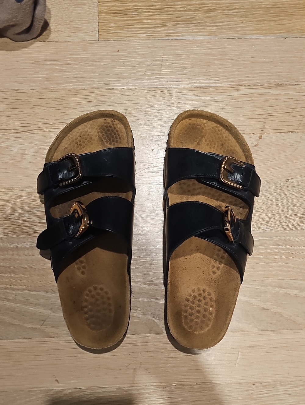 Black Velez Double Buckle Slide Sandals. Genuine Leather.